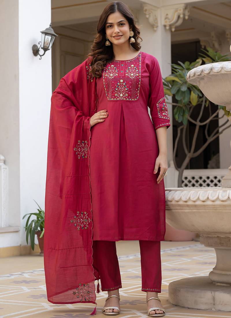 Pink pure viscose mango silk straight kurti pant dupatta set