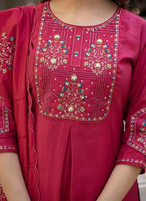 Pink pure viscose mango silk straight kurti pant dupatta set 3