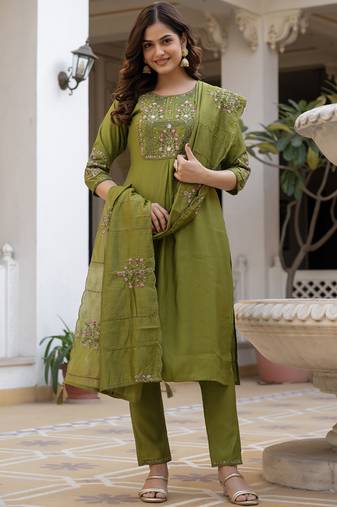 Green pure viscose mango silk straight kurti pant dupatta set