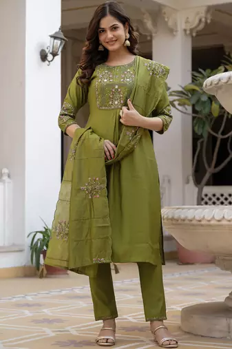 Green pure viscose mango silk straight kurti pant dupatta set