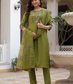 Green pure viscose mango silk straight kurti pant dupatta set