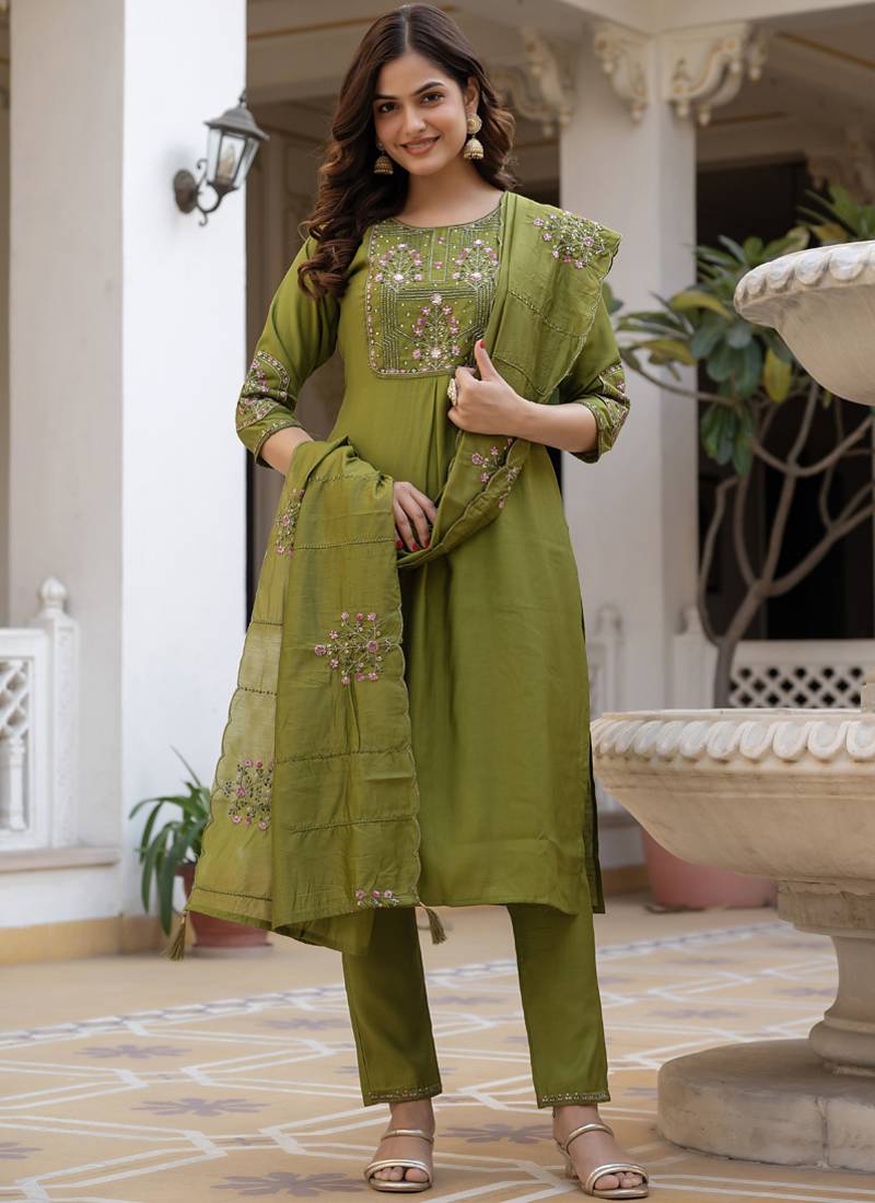 Green pure viscose mango silk straight kurti pant dupatta set