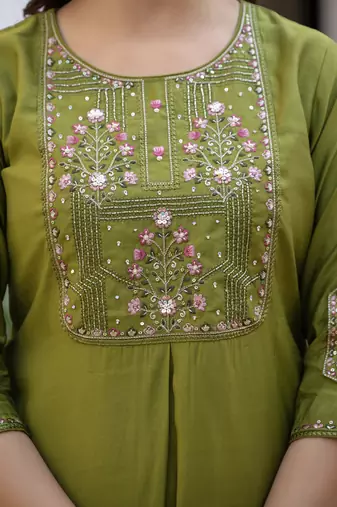 Green pure viscose mango silk straight kurti pant dupatta set