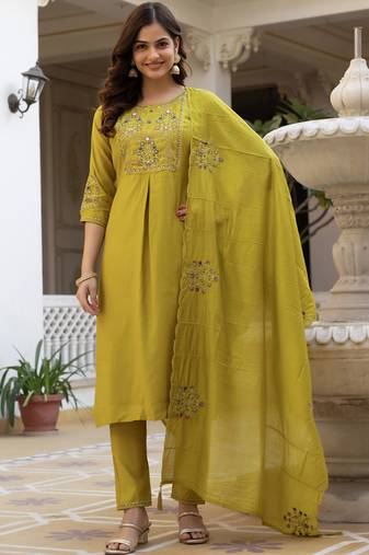 Yellow pure viscose mango silk straight kurti pant dupatta set