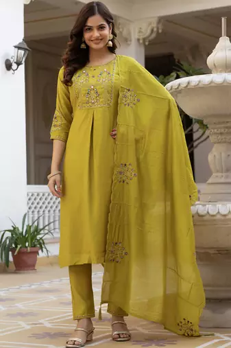 Yellow pure viscose mango silk straight kurti pant dupatta set