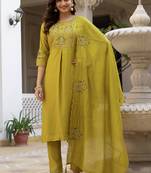 Yellow pure viscose mango silk straight kurti pant dupatta set