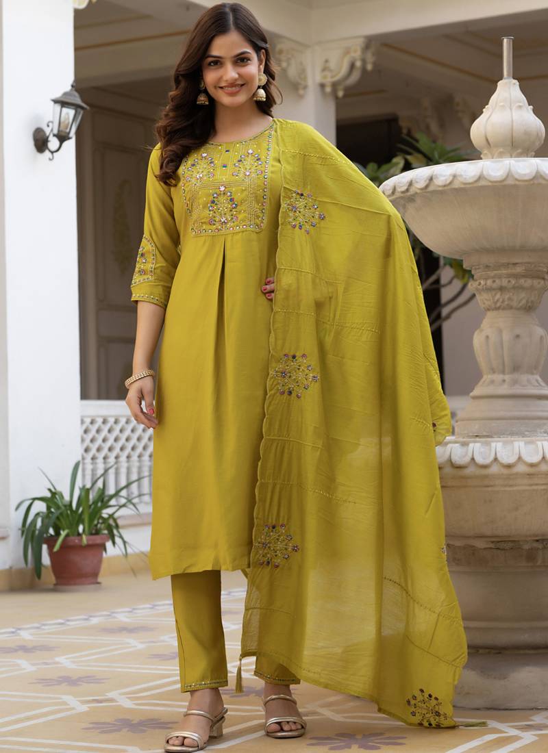 Yellow pure viscose mango silk straight kurti pant dupatta set