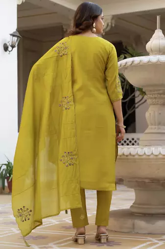 Yellow pure viscose mango silk straight kurti pant dupatta set