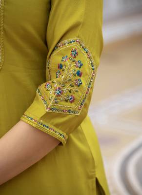 Yellow pure viscose mango silk straight kurti pant dupatta set 3