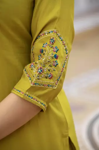 Yellow pure viscose mango silk straight kurti pant dupatta set