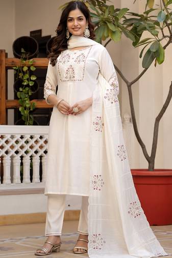 White pure viscose mango silk straight kurti pant dupatta set