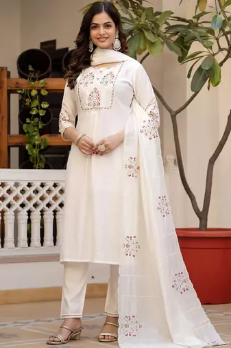 White pure viscose mango silk straight kurti pant dupatta set