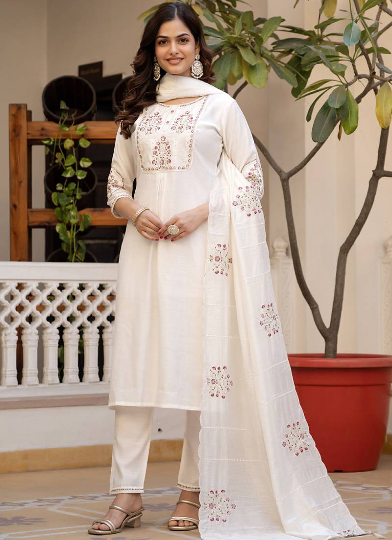 White pure viscose mango silk straight kurti pant dupatta set
