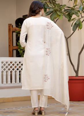 White pure viscose mango silk straight kurti pant dupatta set 2