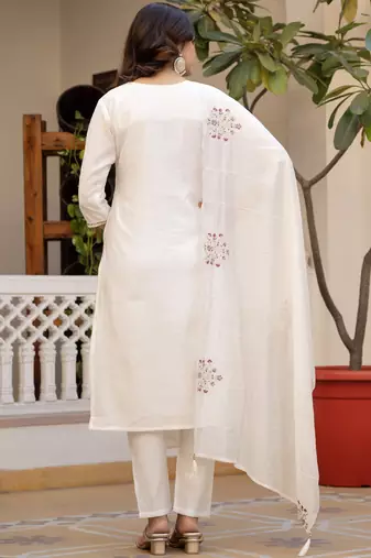 White pure viscose mango silk straight kurti pant dupatta set