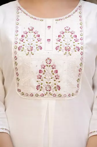 White pure viscose mango silk straight kurti pant dupatta set