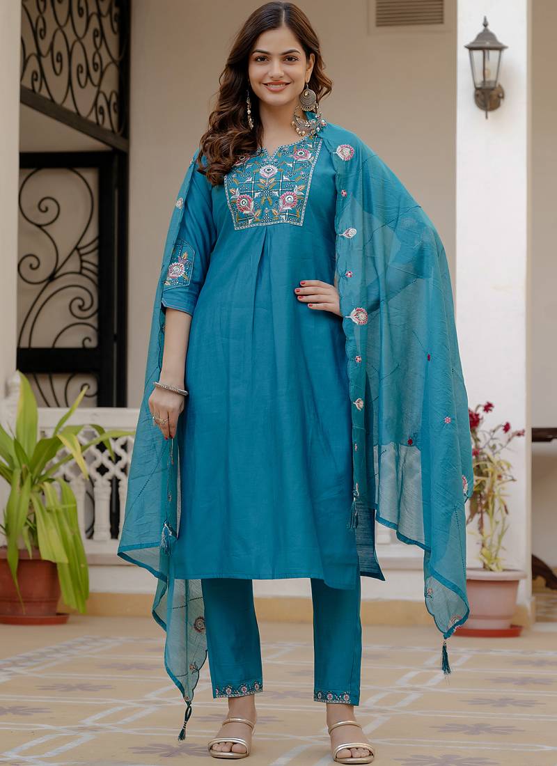 White pure viscose mango silk straight kurti pant dupatta set