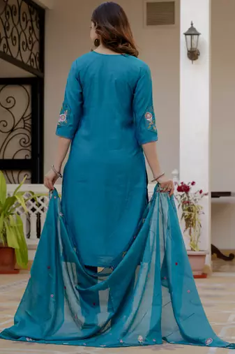White pure viscose mango silk straight kurti pant dupatta set
