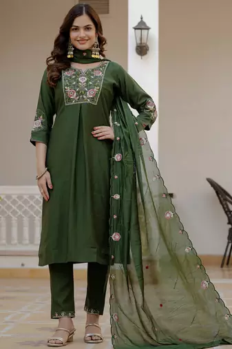 Green pure viscose mango silk straight kurti pant dupatta set