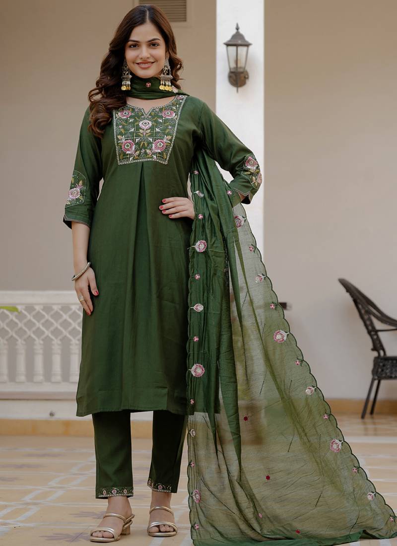Green pure viscose mango silk straight kurti pant dupatta set