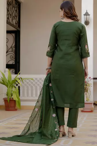 Green pure viscose mango silk straight kurti pant dupatta set