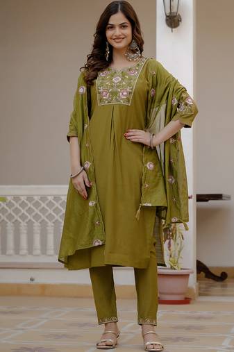 Mahendi green pure viscose mango silk straight kurti pant dupatta set