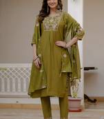 Mahendi green pure viscose mango silk straight kurti pant dupatta set