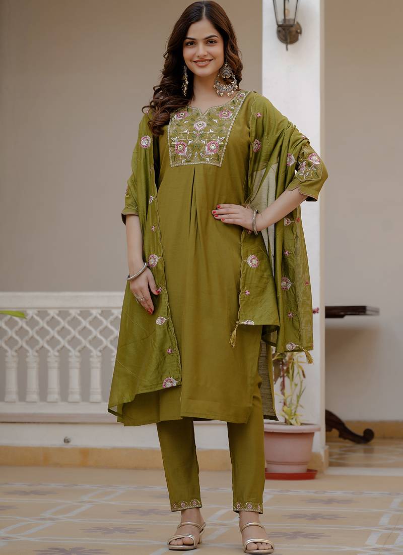 Mahendi green pure viscose mango silk straight kurti pant dupatta set