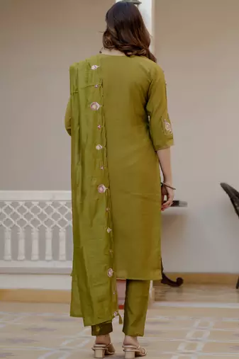 Mahendi green pure viscose mango silk straight kurti pant dupatta set