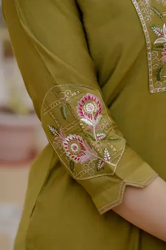 Mahendi green pure viscose mango silk straight kurti pant dupatta set