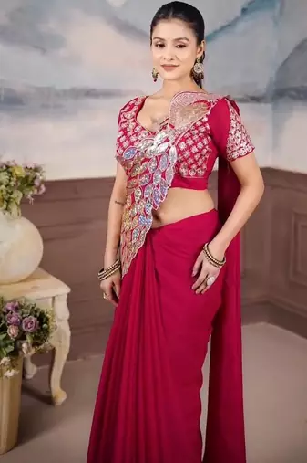rani pink embroidery sequin georgette ready to wear saree