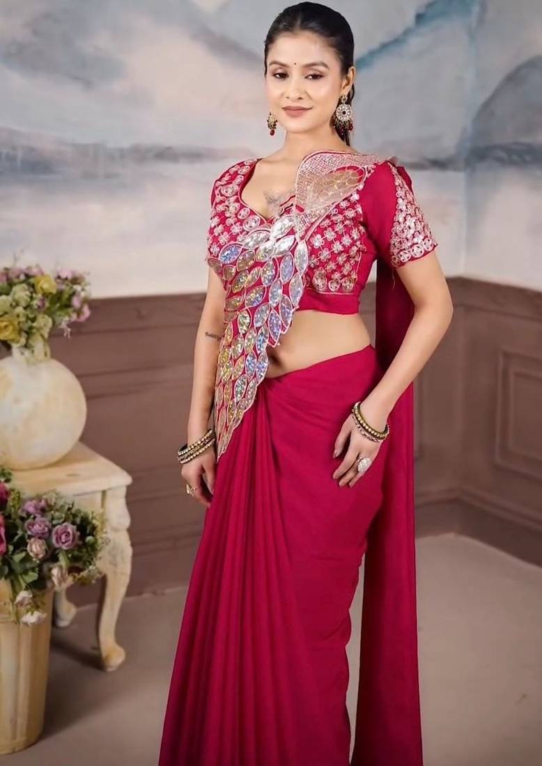 rani pink embroidery sequin georgette ready to wear saree