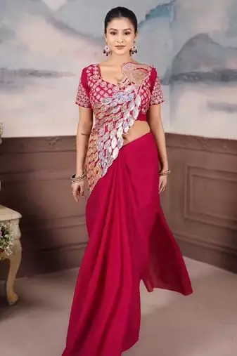 rani pink embroidery sequin georgette ready to wear saree