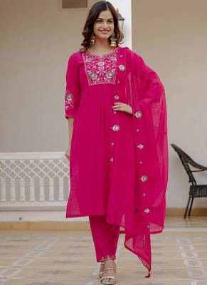 Pink pure viscose mango silk straight kurti pant dupatta set 1
