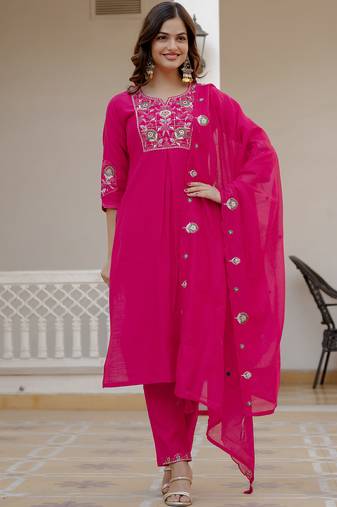 Pink pure viscose mango silk straight kurti pant dupatta set