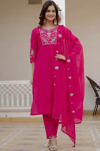 Pink pure viscose mango silk straight kurti pant dupatta set