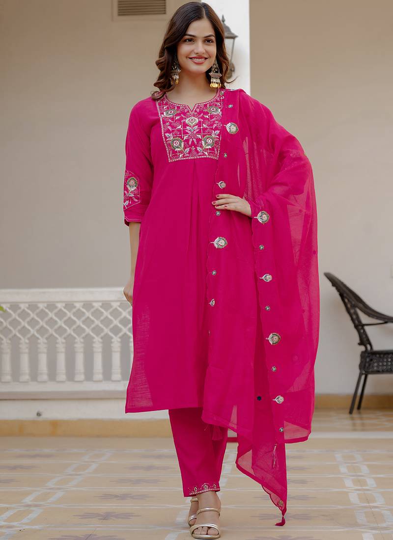 Pink pure viscose mango silk straight kurti pant dupatta set