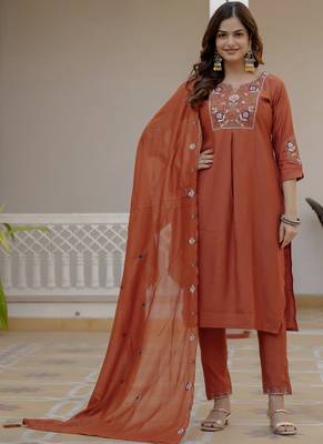 Rust pure viscose mango silk straight kurti pant dupatta set 1
