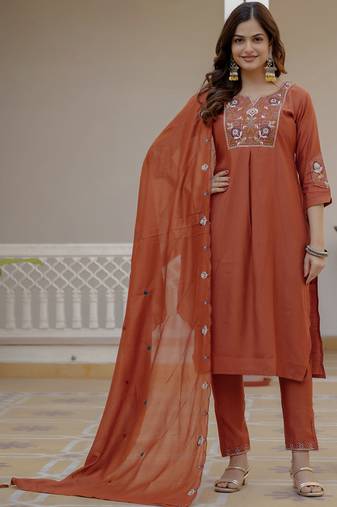 Rust pure viscose mango silk straight kurti pant dupatta set