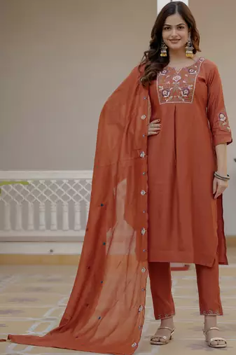 Rust pure viscose mango silk straight kurti pant dupatta set