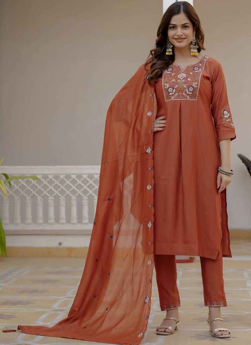 Rust pure viscose mango silk straight kurti pant dupatta set