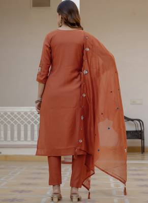 Rust pure viscose mango silk straight kurti pant dupatta set 2