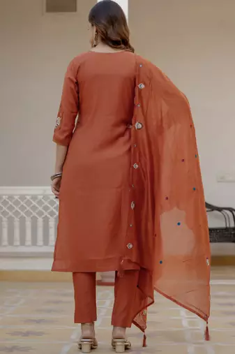 Rust pure viscose mango silk straight kurti pant dupatta set