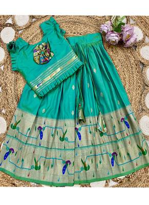 bottlegreen soft silk paithani design pattu pavadai for girls ethnic wear 3