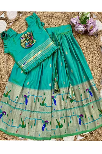 bottlegreen soft silk paithani design pattu pavadai for girls ethnic wear