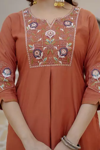 Rust pure viscose mango silk straight kurti pant dupatta set