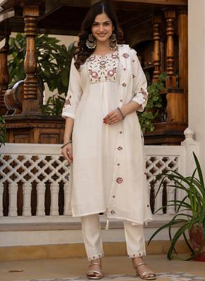 White pure viscose mango silk straight kurti pant dupatta set 1