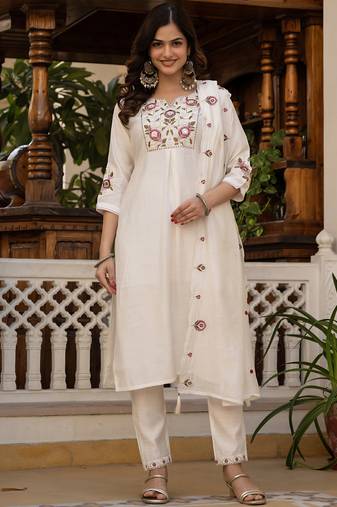 White pure viscose mango silk straight kurti pant dupatta set
