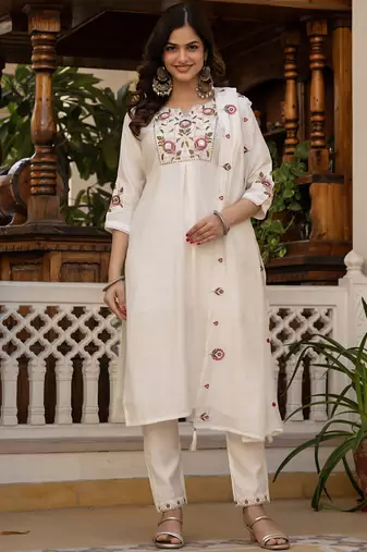 White pure viscose mango silk straight kurti pant dupatta set