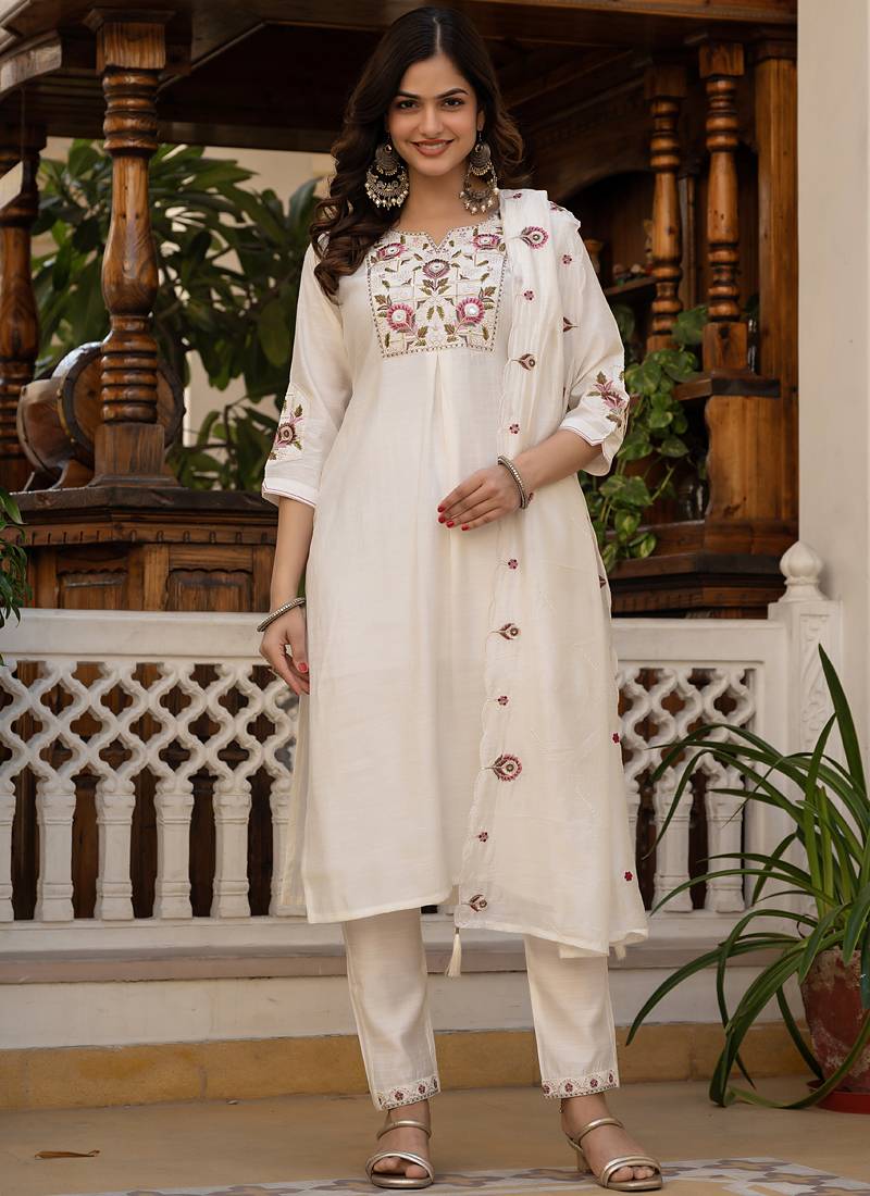 White pure viscose mango silk straight kurti pant dupatta set